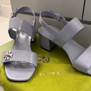 Tory Burch vapor blue t lock heel sandals in box leather size 8 1/2